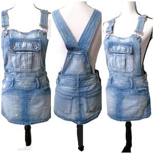 Y2k Revolt Denim Overalls Mini Dress 5 Pinafore Blue Jean Micro Mini Bib Skirt
